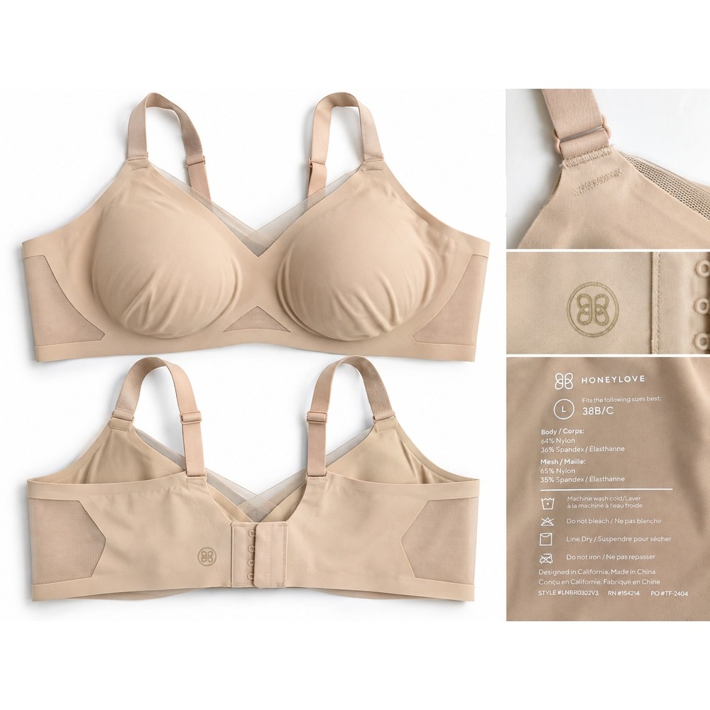 Honeylove CrossOver Bra L 38 B/C Sand Nude Wireless Shaping Support Convertible